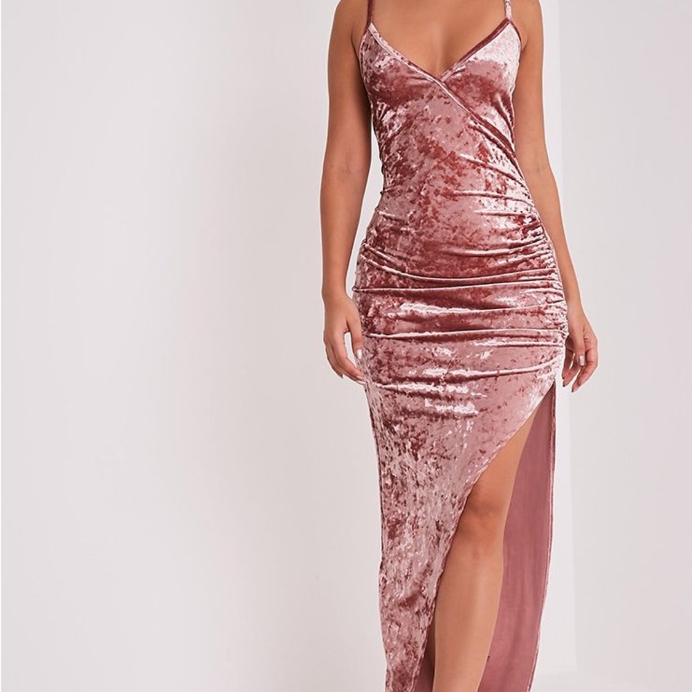 Holiday Pink Pretty Little Thing Crushed Velvet Asymmetric Maxi Dress